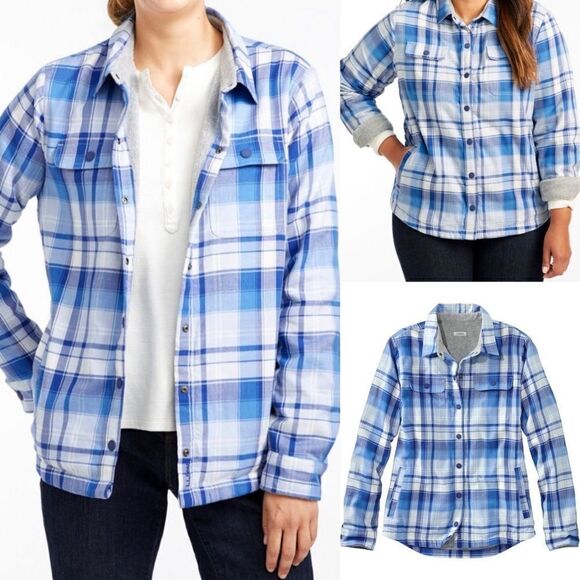 L.L. Bean Women’s Flannel Plaid Fleece Lined Button snap Shirt shacket blue S - Picture 1 of 7